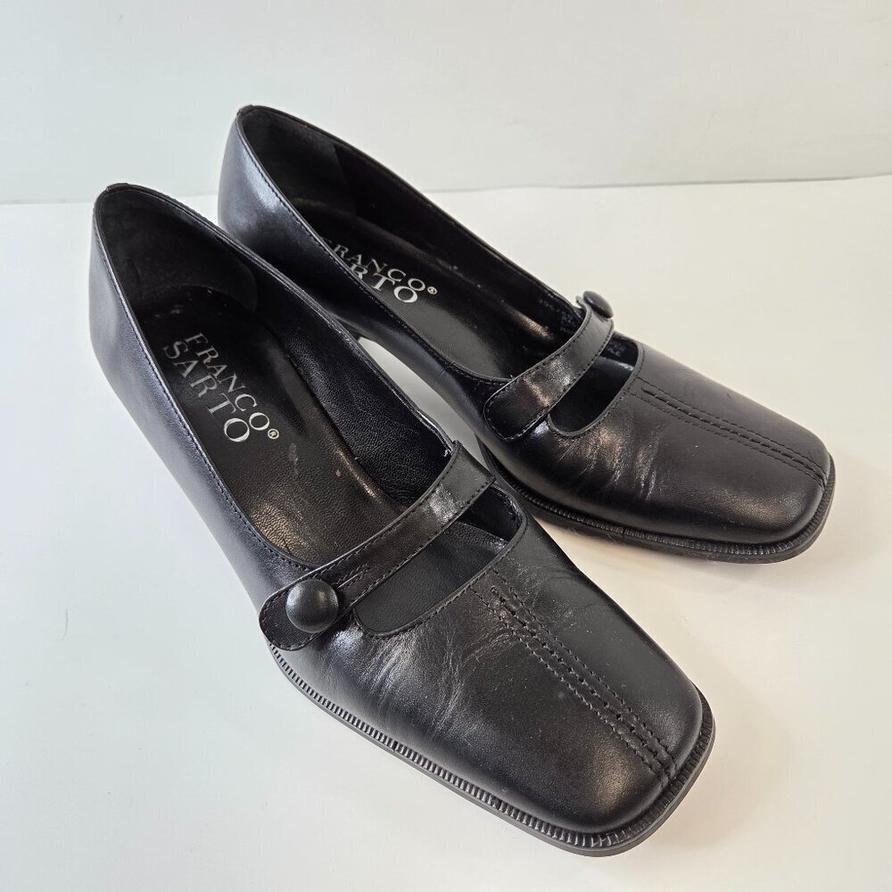 Franco Sarto Mary Jane Square Toe Heel Black Leather Size 5.5